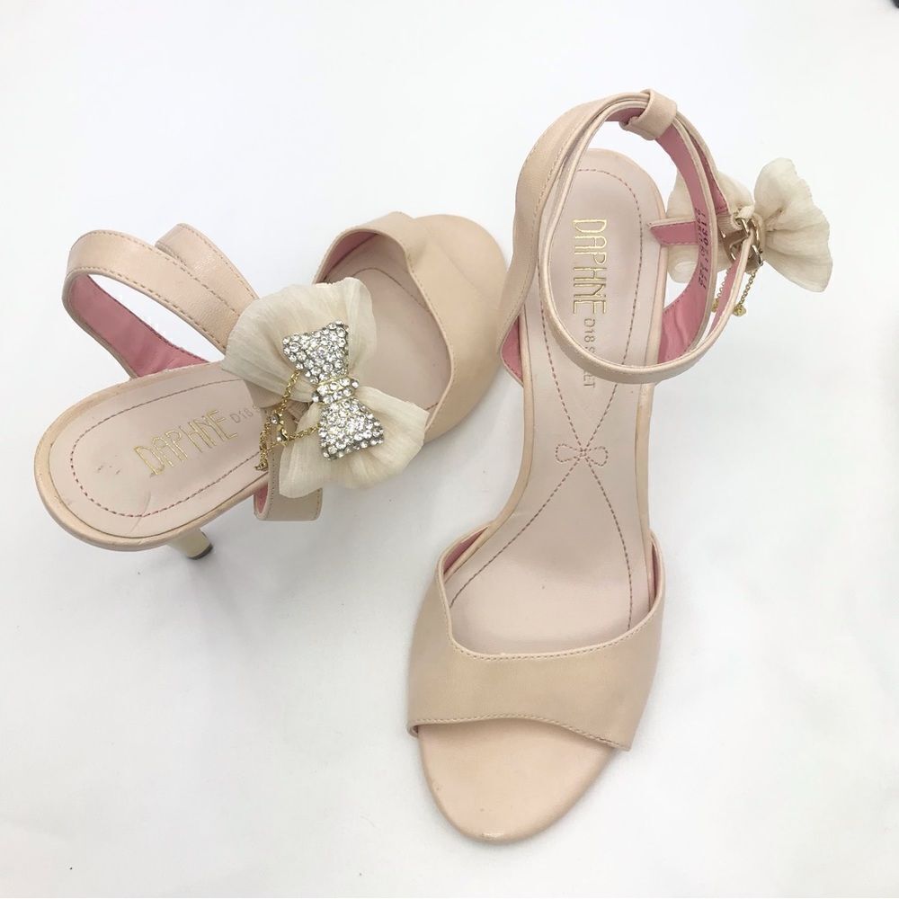 Daphne D18 Sweet Nude Open Toe Heels with Sparkle Bow